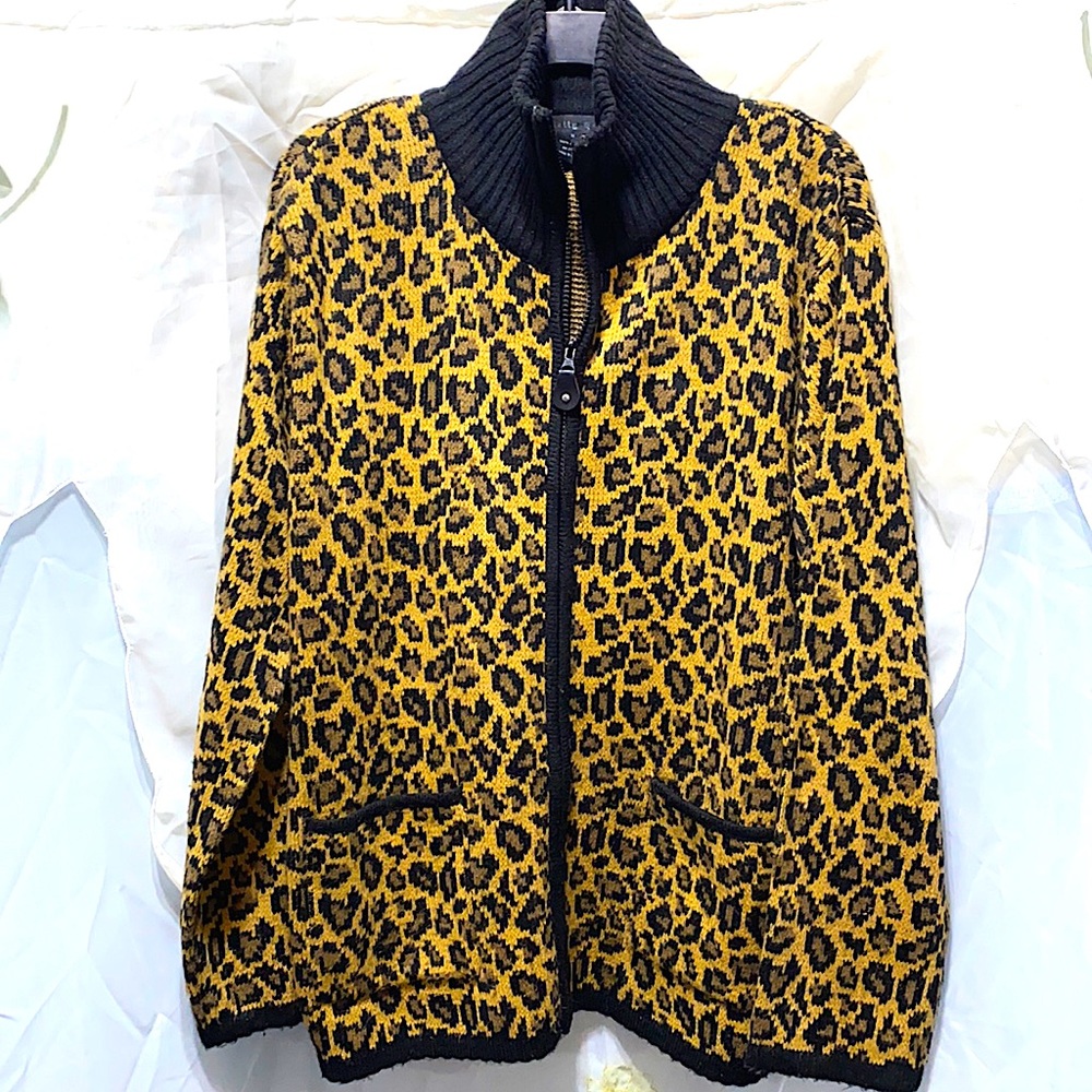 LEOPARD ACRYLIC ZIP CARDIGAN SWEATER by TALLY HO SZ M